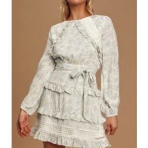 Lulus WHITE POLKA DOT RUFFLED LONG SLEEVE MINI DRESS